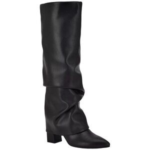 Guess Geima Boots Women US 9.5M Black Faux Leather Foldover Block Heel Knee-High